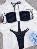 Women Black Halter Bandeau Solid One Piece Swimsuit