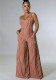 Women Summer Orange Casual Strap Sleeveless Striped Print Pockets Full Length Loose Jumpsuit