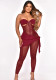 Women Summer Red Sexy Strapless Sleeveless Solid Mesh Full Length Regular Jumpsuit