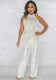 Women Summer White Vintage Turtleneck Sleeveless Solid Metallic Sequined Full Length Regular Jumpsuit