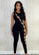 Women Summer Black Sexy O-Neck Sleeveless Solid Hole Full Length Skinny Jumpsuit