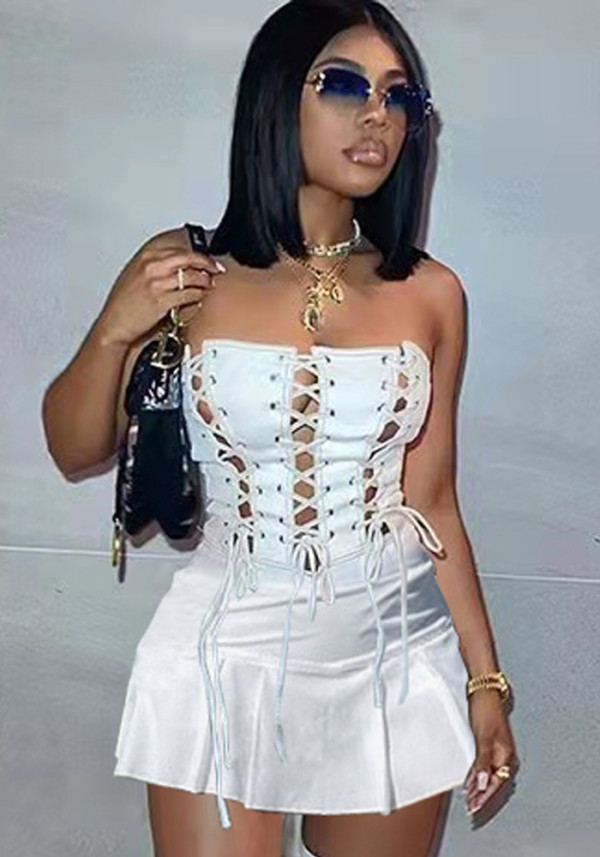 Women Summer White Streetwear Strapless Sleeveless Solid Lace Up Mini A-line Club Dress