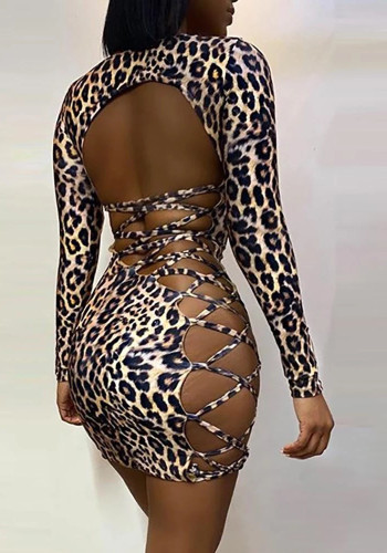 Women Spring Printed Sexy O-Neck Long Sleeve Leopard Print Lace Up Mini Sheath Club Dress
