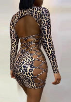 Women Spring Printed Sexy O-Neck Long Sleeve Leopard Print Lace Up Mini Sheath Club Dress Women Spring Printed Sexy O-Neck Long Sleeve Leopard Print Lace Up Mini Sheath Club Dress