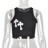 Women Summer Black Streetwear O-Neck Solid Crop Top