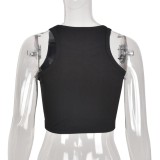 Women Summer Black Streetwear O-Neck Solid Crop Top