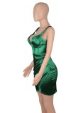 Women Summer Green Sexy V-neck Sleeveless Solid color Satin Mini Bodycon Dress