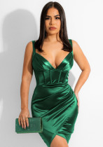 Women Summer Green Sexy V-neck Sleeveless Solid color Satin Mini Bodycon Dress Women Summer Green Sexy V-neck Sleeveless Solid color Satin Mini Bodycon Dress