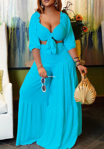 Women Spring Blue Casual V-neck Half Sleeves High Waist Solid Cascading Ruffle Loose Plus Size Two Piece Pants Set