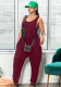 Women Summer Burgunry Casual Strap Sleeveless Solid Pockets Full Length Loose Jumpsuit