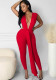 Women Summer Red Sexy V-neck Sleeveless Solid Belted Full Length Regular Backless Jumpsuit