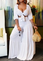 Women Spring White Casual V-neck Sleeveless High Waist Solid Cascading Ruffle Loose Plus Size Two Piece Pants Set Women Spring White Casual V-neck Sleeveless High Waist Solid Cascading Ruffle Loose Plus Size Two Piece Pants Set