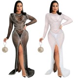 Women Spring White Sexy O-Neck Full Sleeves Mesh Silt Evening Dress