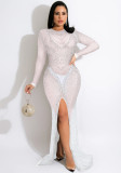 Women Spring White Sexy O-Neck Full Sleeves Mesh Silt Evening Dress