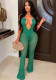 Women Summer Green Sexy Halter Sleeveless Patchwork Lace Hollow Out Full Length Regular Jumpsuit
