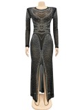 Women Spring Black Formal O-Neck Full Sleeves Mesh Diamonds Evening Dress