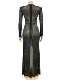 Women Spring Black Formal O-Neck Full Sleeves Mesh Diamonds Evening Dress
