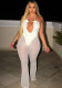 Women Summer White Sexy Halter Sleeveless Patchwork Lace Hollow Out Full Length Regular Jumpsuit