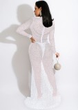 Women Spring White Sexy O-Neck Full Sleeves Mesh Silt Evening Dress