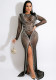 Women Spring Black Formal O-Neck Full Sleeves Mesh Diamonds Evening Dress