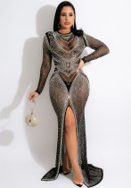 Women Spring Black Formal O-Neck Full Sleeves Mesh Diamonds Evening Dress Women Spring Black Formal O-Neck Full Sleeves Mesh Diamonds Evening Dress