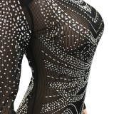 Women Spring Black Formal O-Neck Full Sleeves Mesh Diamonds Evening Dress