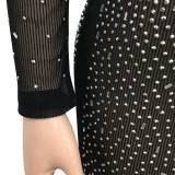 Women Spring Black Formal O-Neck Full Sleeves Mesh Diamonds Evening Dress