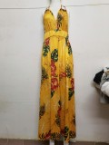 Women Summer Yellow Sexy Halter Sleeveless Floral Print Backless Holidays Long Dress