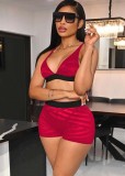 Women Summer Red Sexy V-neck Sleeveless High Waist Patchwork Regular Two Piece Shorts Set