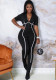 Women Summer Black Casual O-Neck Short Sleeves Striped Print Full Length Skinny Jumpsuit