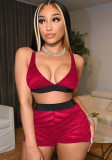 Women Summer Red Sexy V-neck Sleeveless High Waist Patchwork Regular Two Piece Shorts Set