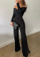 Women Spring Black Modest Off-the-shoulder Full Sleeves Solid Ripped Full Length Regular Jumpsuit