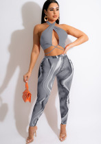 Women Summer Grey Sexy Halter Sleeveless High Waist Printed Lace Up Regular Two Piece Pants Set Women Summer Grey Sexy Halter Sleeveless High Waist Printed Lace Up Regular Two Piece Pants Set