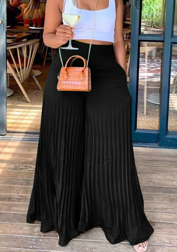 Women Summer Black Wide Leg Pants High Waist Elastic Waist Solid Pockets Full Length Loose Pants