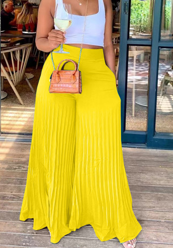 Women Summer Yellow Wide Leg Pants High Waist Elastic Waist Solid Pockets Full Length Loose Pants