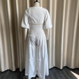 Women Spring White Casual V-neck Sleeveless High Waist Solid Cascading Ruffle Loose Plus Size Two Piece Pants Set