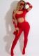 Women Summer Red Sexy O-Neck Full Sleeves Solid Hollow Out Full Length Skinny Jumpsuit