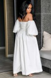 Women Summer White Casual Strapless Three Quarter Sleeves Solid Belted Full Length Loose Jumpsuit