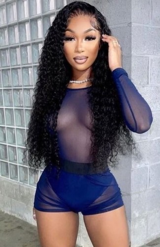 Women Summer Blue Sexy O-Neck Full Sleeves High Waist Solid Regular Two Piece Shorts Set