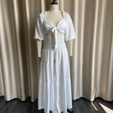 Women Spring White Casual V-neck Sleeveless High Waist Solid Cascading Ruffle Loose Plus Size Two Piece Pants Set