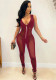Women Summer Red Modest V-neck Sleeveless Patchwork Zippers Full Length Skinny Jumpsuit