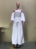 Women Summer White Casual Strapless Three Quarter Sleeves Solid Belted Full Length Loose Jumpsuit