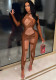 Women Summer Brown Sexy O-Neck Full Sleeves Patchwork Mesh Full Length Skinny Jumpsuit