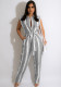 Women Summer Grey Casual Turn-down Collar Short Sleeves Striped Print Belted Full Length Regular Jumpsuit