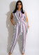 Women Summer Purple Casual Turn-down Collar Short Sleeves Striped Print Belted Full Length Regular Jumpsuit