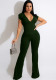 Women Summer Green Casual V-neck Short Sleeves Solid Full Length Regular Jumpsuit