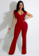 Women Summer Red Casual V-neck Short Sleeves Solid Full Length Regular Jumpsuit
