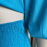Women Spring Blue Casual V-neck Half Sleeves High Waist Solid Cascading Ruffle Loose Plus Size Two Piece Pants Set