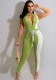 Women Summer Green Casual Stand Collar Sleeveless Color Blocking Belted Full Length Regular Jumpsuit