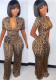 Women Summer Khaki Casual V-neck Short Sleeves Printed Belted Full Length Regular Jumpsuit